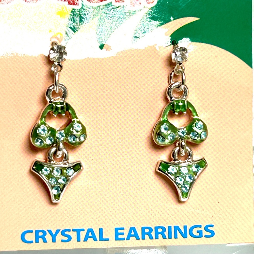 Crystal Bikini Dangle Earrings Blue Green Sterling Silver Hypo Allergenic NEW - Picture 2 of 5